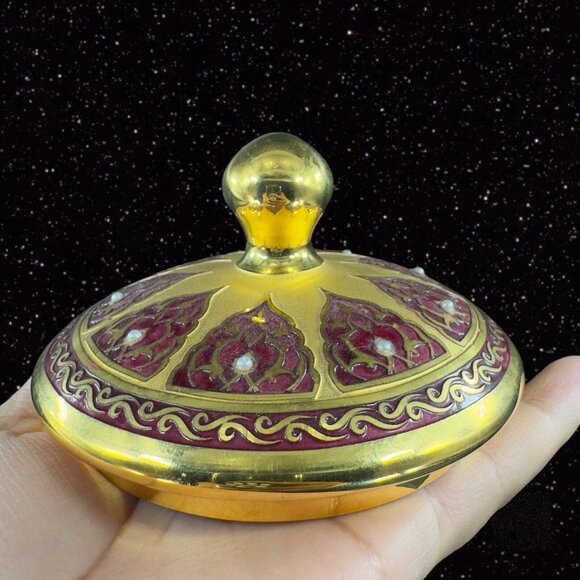 Decorium Turkish Glass Handcrafted Candy Dish Bowl Gold Gild W Lid Marked VTG - Picture 13 of 16